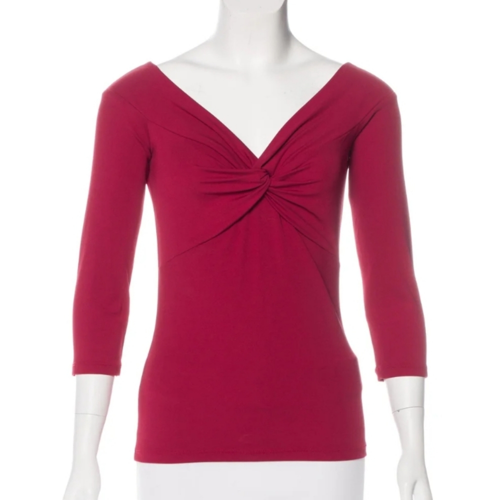Michael Kors Collection Dark Red V Neck Tree Quarter Sleeve Stretch Top size 6